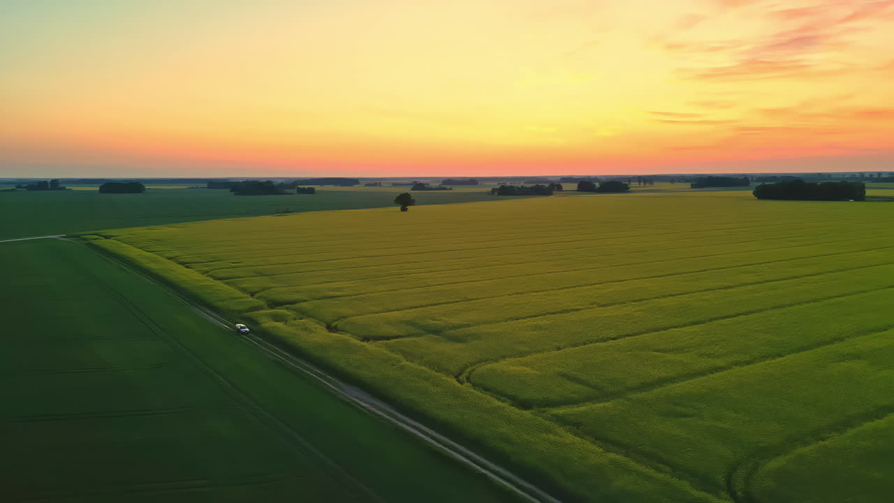 Aerial view captures a tranquil agricultural landscape, with fields, a road, and a resting vehicle