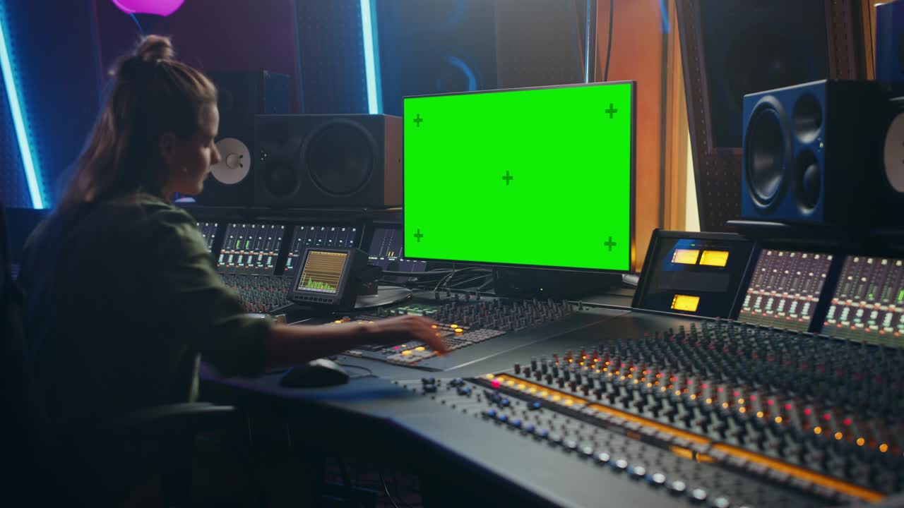 Ritratto di elegante ingegnere del suono / produttrice musicale che lavora in uno studio di registrazione, usa un computer con schermo verde, un mixer e un banco di controllo per creare una nuova canzone. L'artista donna balla mentre è seduta