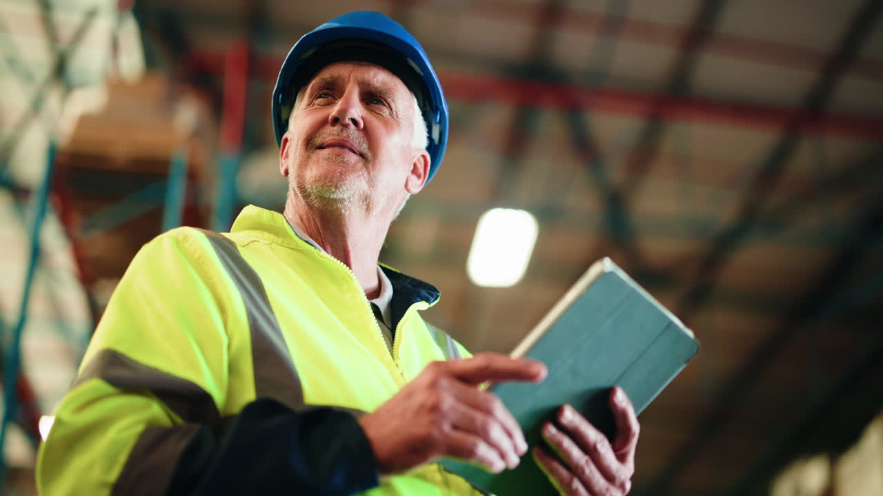 Senior Warehouse Worker Using Digital Tablet for Inventory Check