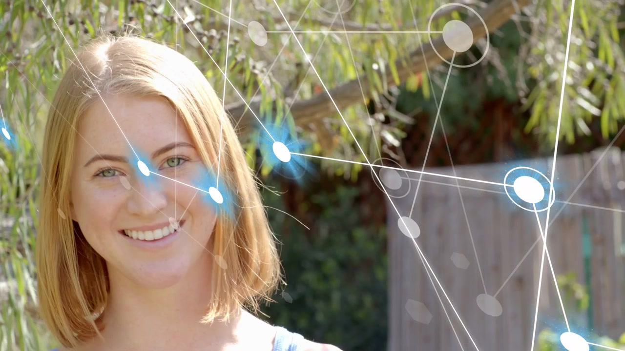 Adult woman turning head and following overlay appearing from left, nodes tracking eyes for AR demo