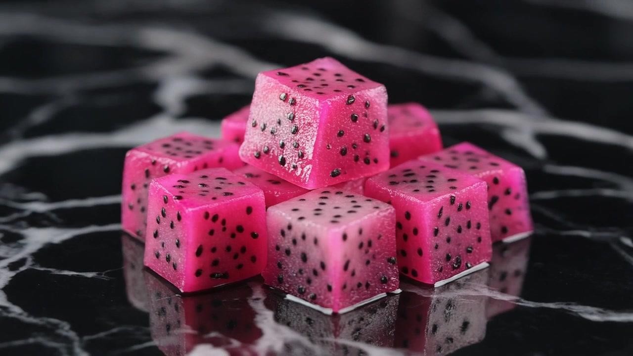 Tärningar av färsk rosa drakfrukt på en svart marmoryta