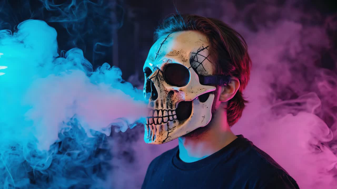 Mand med kranie-maske og damp