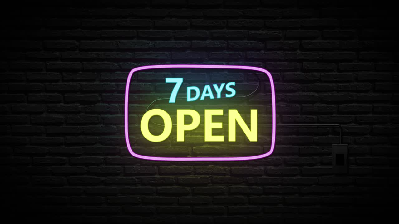 7 days open neon sign on brick wall background. Business and service concept.