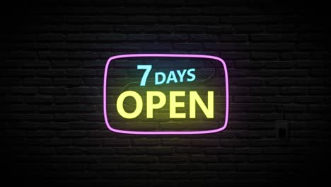 7 days open neon sign on brick wall background. business and service concept.