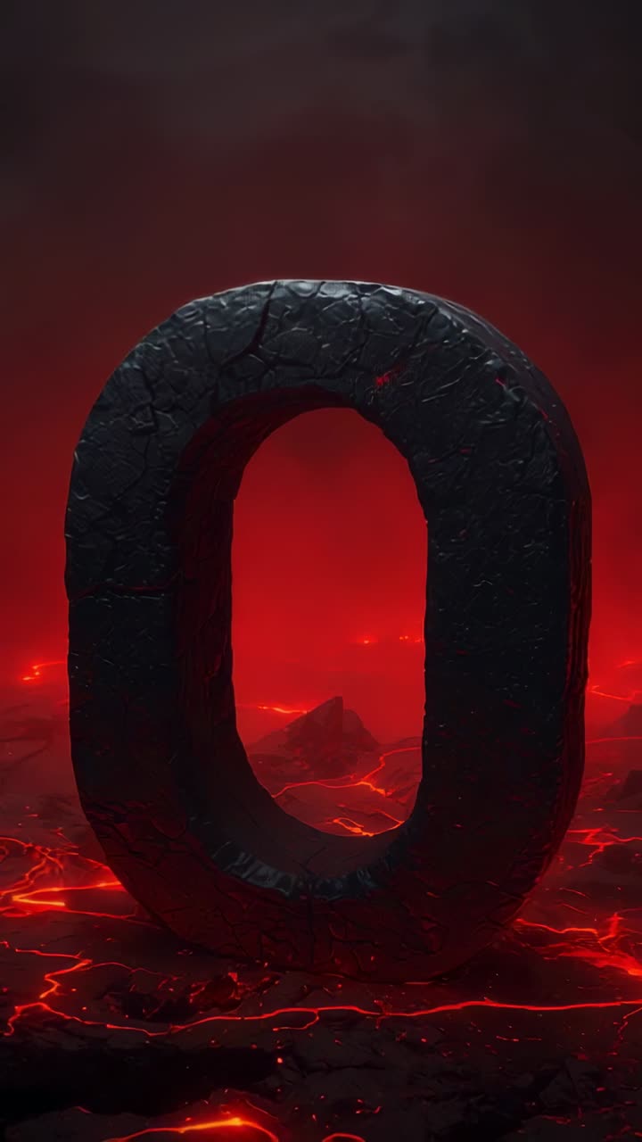 Vertical video: Pulsing lava fissures illuminating cracked numeral 0 on volcanic plain, with smoke
