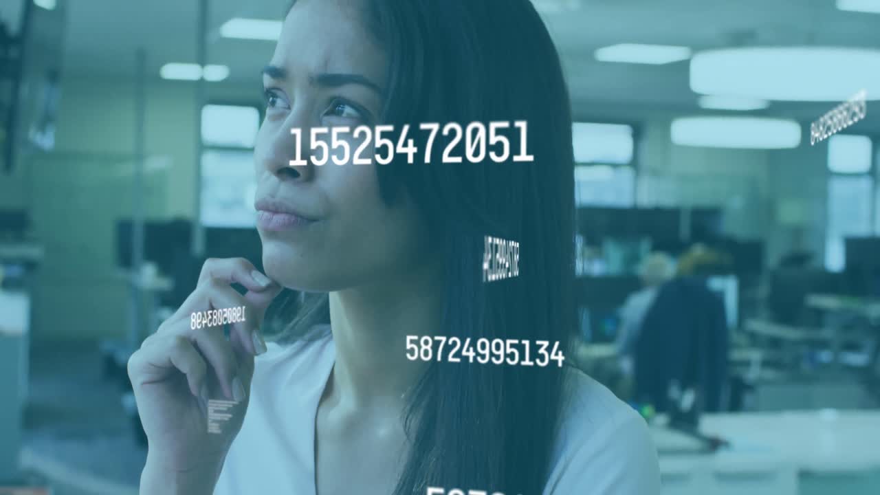 Animation of floating numbers with woman working in an office