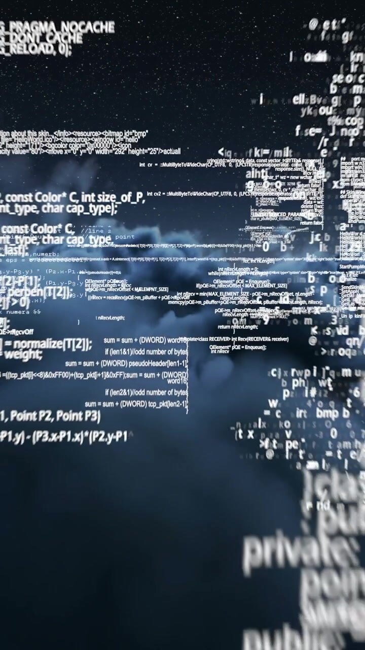Vertical video: Blurred code appearing, white clusters drifting over clouds, forming HelloWorld