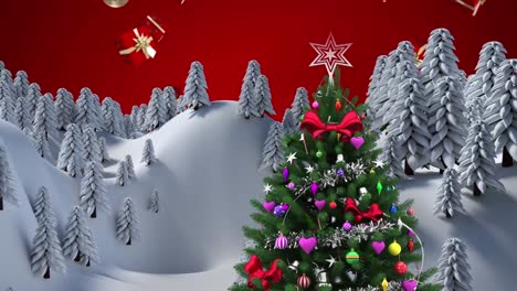 Christmas-tree-on-winter-landscape-and-christmas-concept-icons-falling-against-red-background