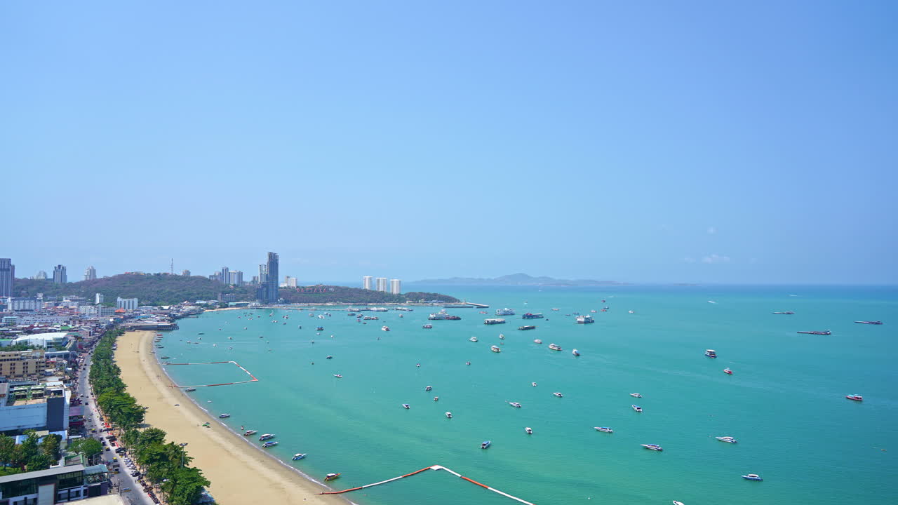 Pattaya Thailand, panorama of city and beach, boats on sea traffic, time lapse