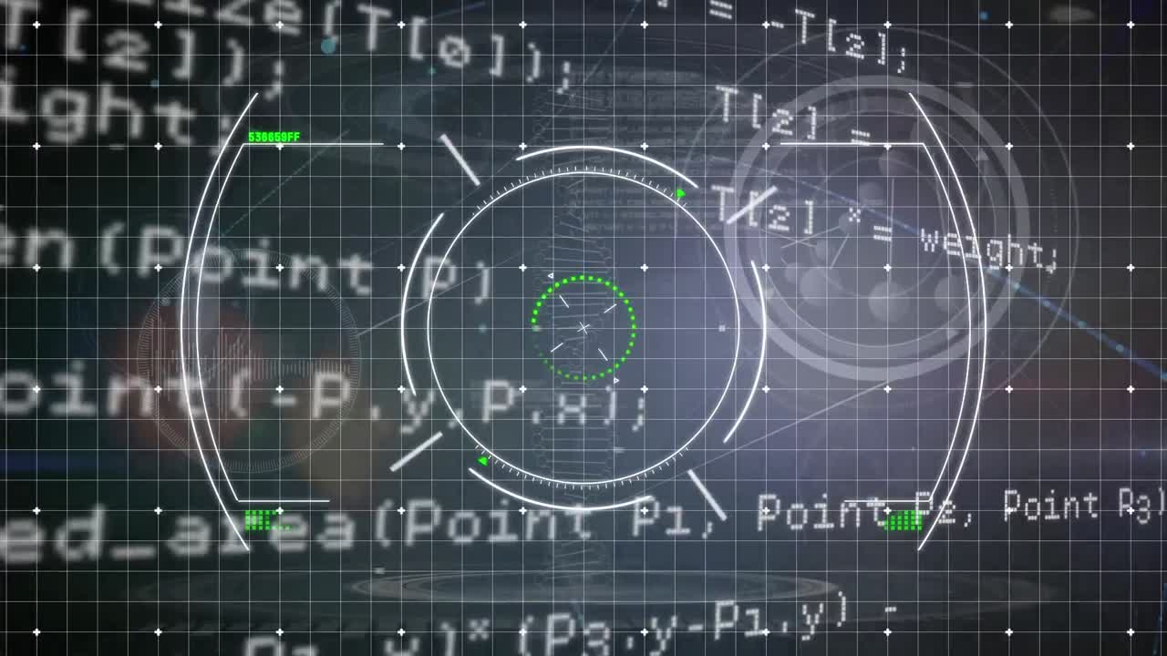 Animation of scope scanning over data processing on black background