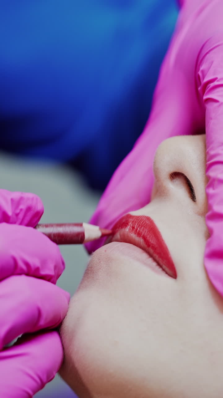 Permanent lip make-up in beauty salon. Cosmetologist draws the lips with a red pencil on the face of a young girl. Close-up. Vertical video
