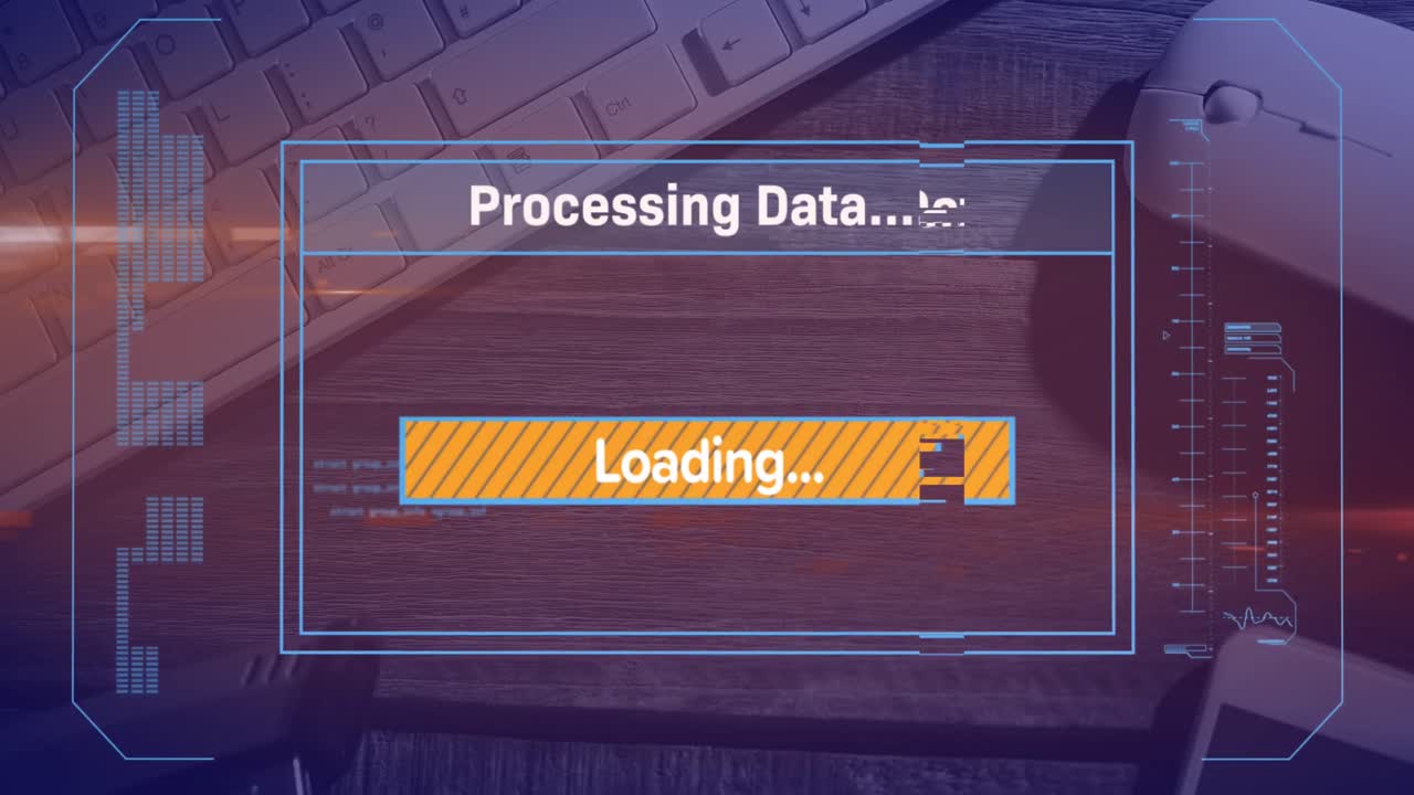 Animation of loading over digital screen, mouse and keyboard on desk
