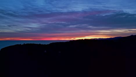 upward-movement-of-the-camera-creating-a-backlit-reveal-of-a-sunset-over-the-sea-with-orange-tones