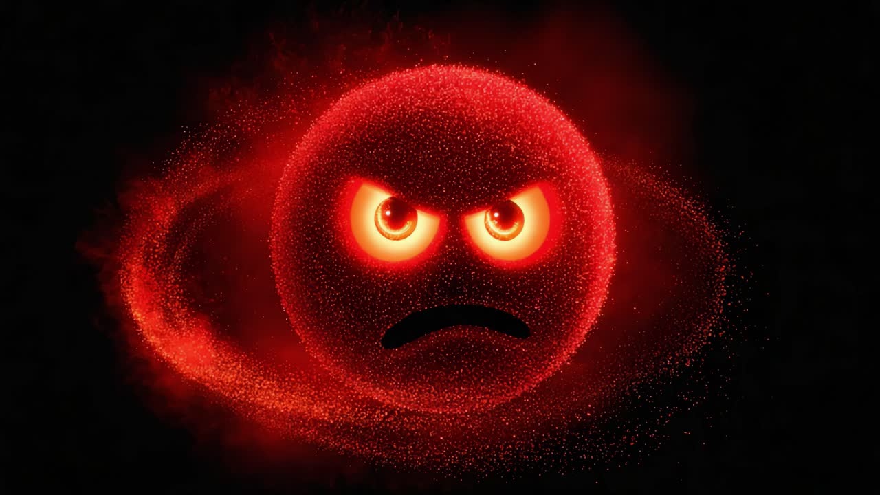 An irate red sphere with glowing eyes radiates anger and intensity, surrounded by swirling particles that enhance its menacing presence in a mysterious dark space