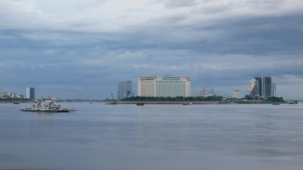 Mekong river Boat cargo traffic time-lapse, Phnom Penh Cambodia, Southeast asia