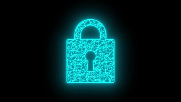 Glowing Digital Padlock Icon with Wireframe Mesh Effect