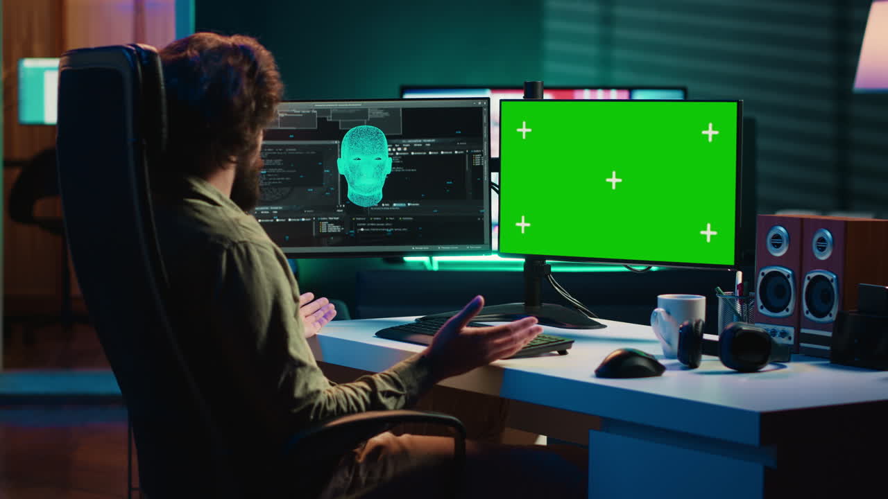 Concept of artificial intelligence gaining consciousness, mockup monitor