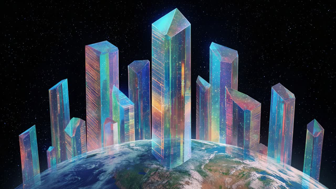 Colorful iridescent crystal skyscrapers growing on the surface of a realistic planet Earth, representing concepts of globalization, utopian future, advanced technology, and urban development