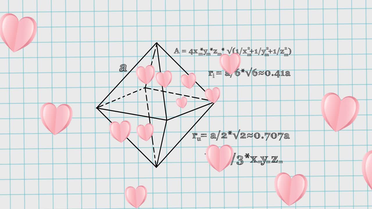 학교 노트북에서 수학 방정식에 떨어지는 심장의 애니메이션