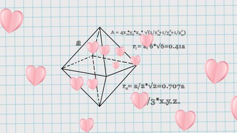 animación de corazones que caen sobre ecuaciones matemáticas en el cuaderno de la escuela