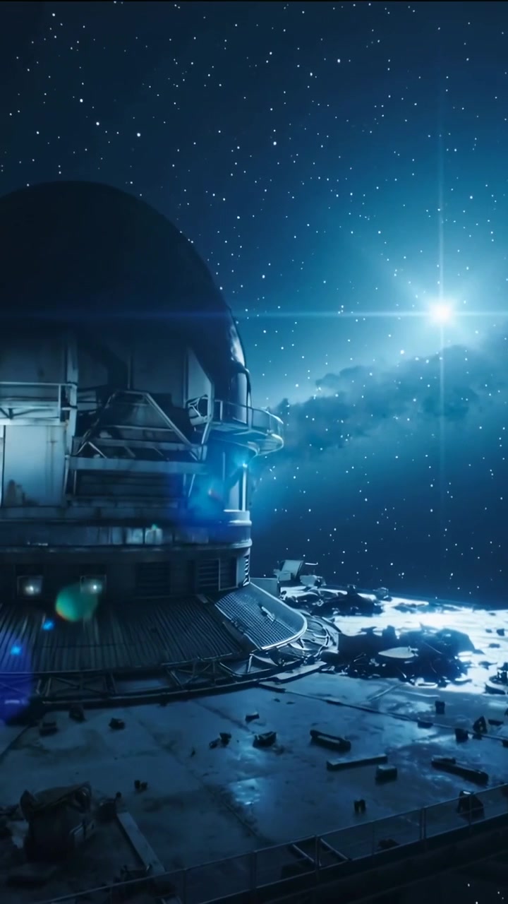 Video verticale: Telecamera in panoramica che rivela una cupola su una piattaforma lunare per mostrare porte illuminate e una stella.