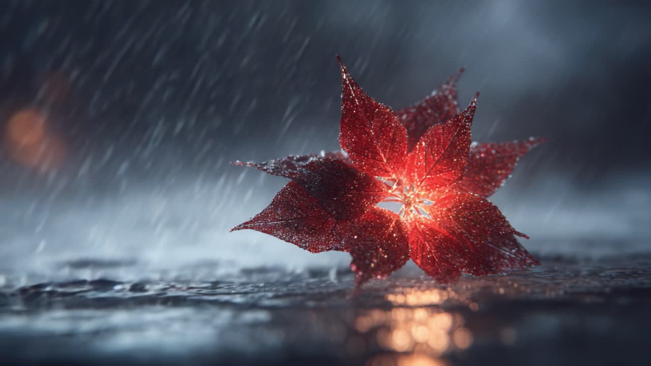 A mesmerizing display of a glistening red leaf, accentuated by raindrops and soft light, creating an enchanting atmosphere amidst the rain-soaked surroundings