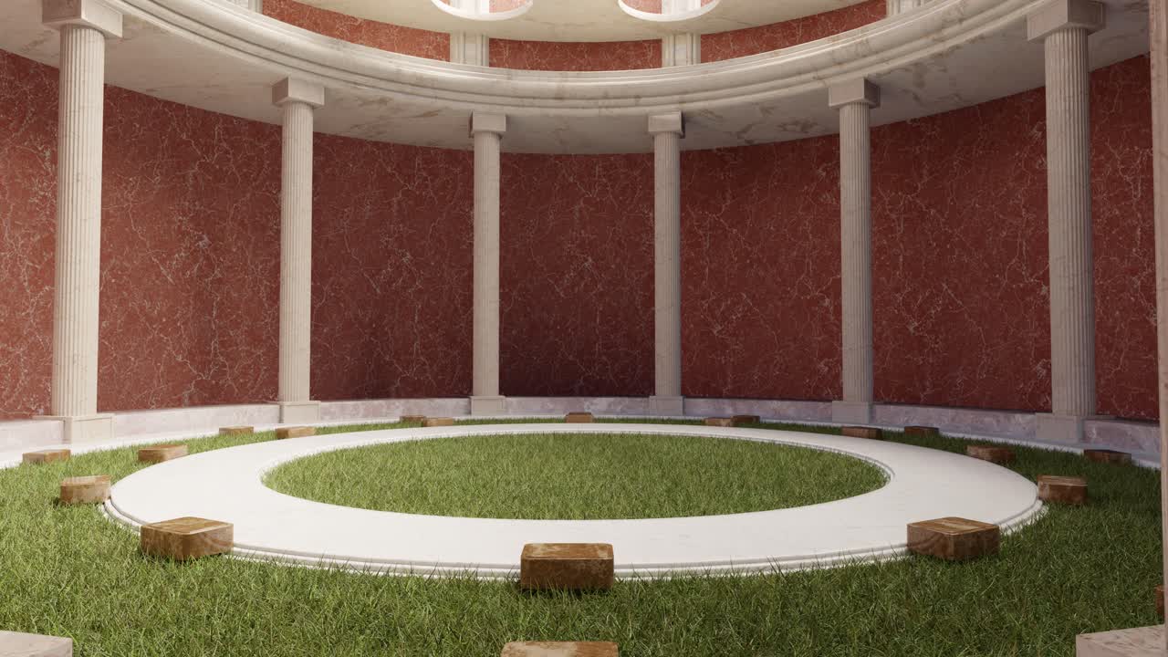 Interior of circular building with columns and grass lawn. 3d animation
