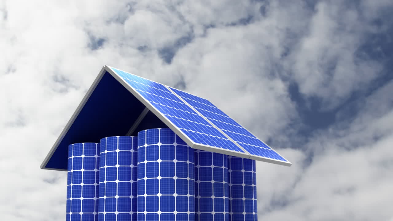 casa digital con paneles solares con nubes moviéndose rápido en el fondo