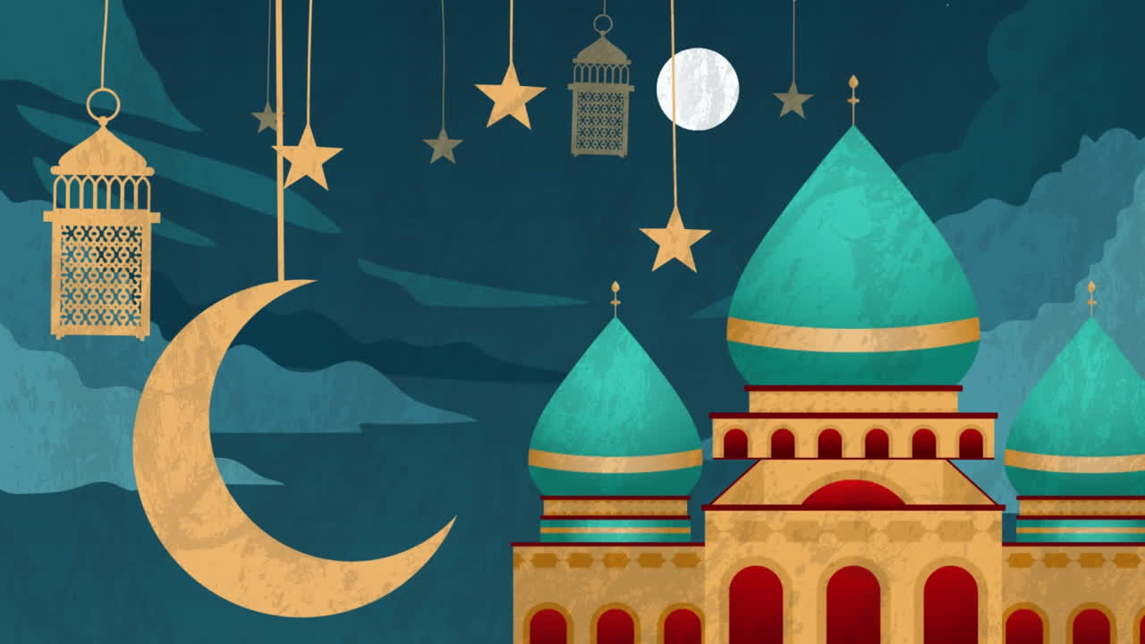 Animation of crescent, stars and mosque building in background