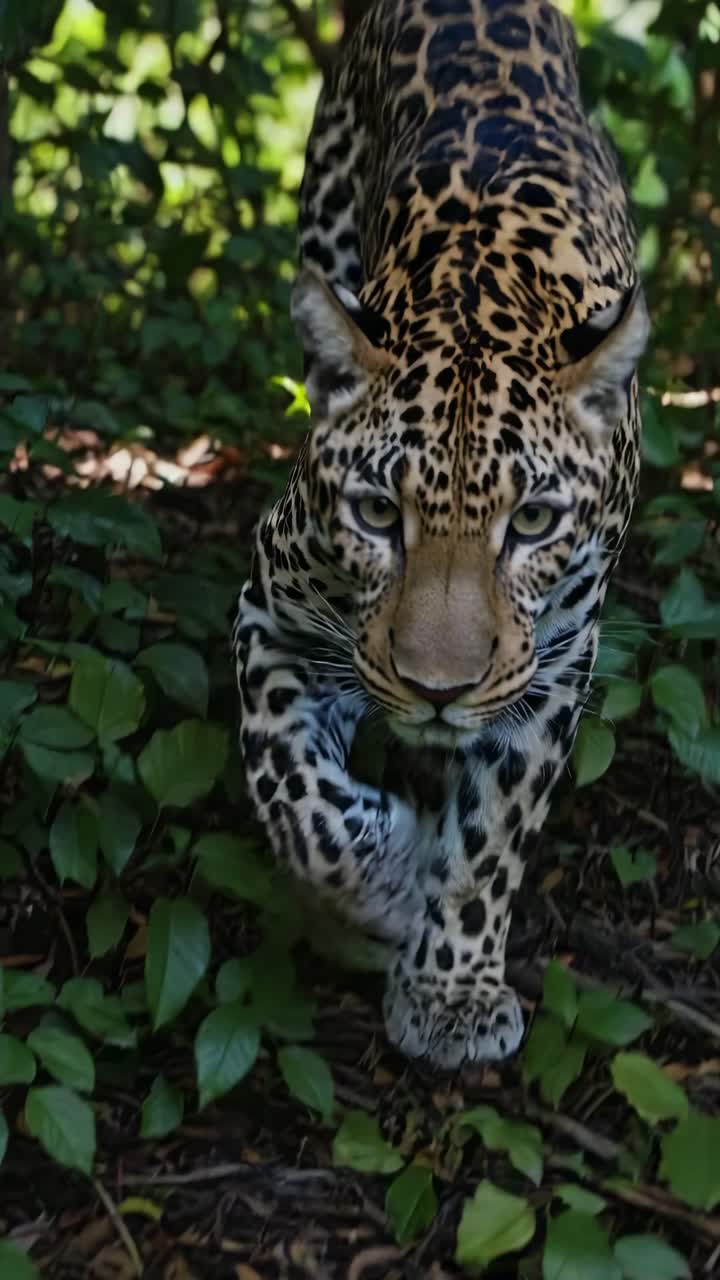 Yakın çekim, göz hizasından yemyeşil bitki örtüsünde yürüyen bir leoparın yoğun bakışlarını yakalayan bir çekim