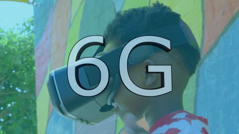 animación de texto de 6g sobre un niño que usa auriculares vr en el patio de recreo