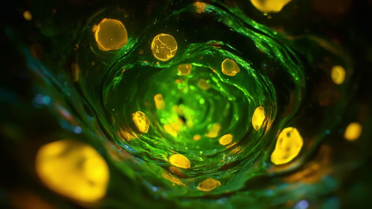 A captivating journey through a vibrant and swirling world of green and golden orbs, revealing a mesmerizing depth in an abstract visual exploration