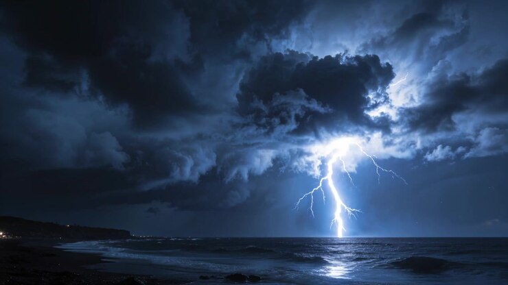 Scarica nuvolosa che genera un fulmine luminoso che colpisce il mare di notte, illuminando la costa rocciosa.
