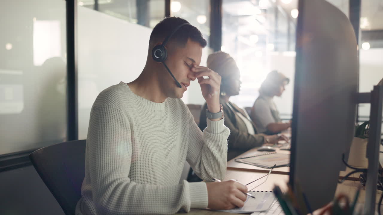 Man tired at call center, burnout