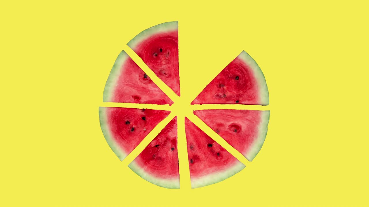 rebanadas de sandía animadas sin costuras por encima de un fondo amarillo vista superior. comida 3d realista. arte de diseño de movimiento mínimo y rotación como un reloj