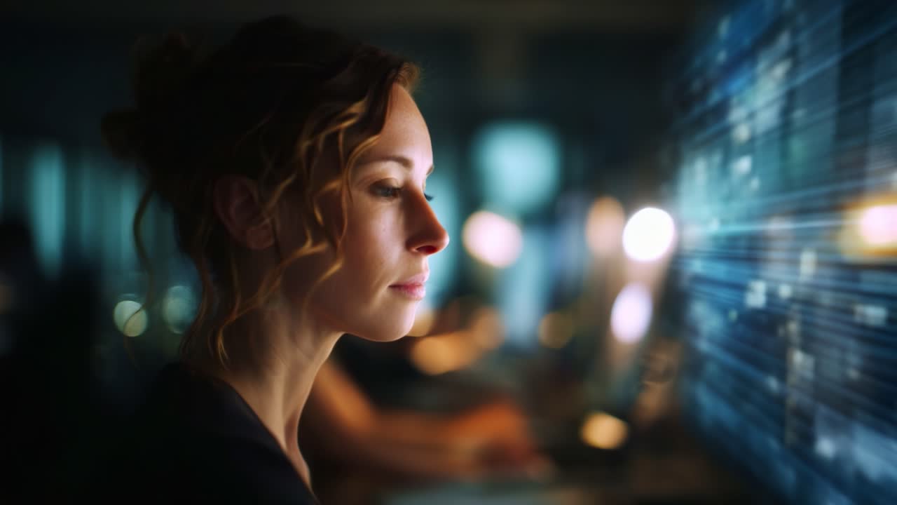 Analista donna concentrata e determinata, alle prese con visualizzazioni dinamiche di dati digitali in uno spazio di lavoro moderno, che mette in risalto la tecnologia e la concentrazione