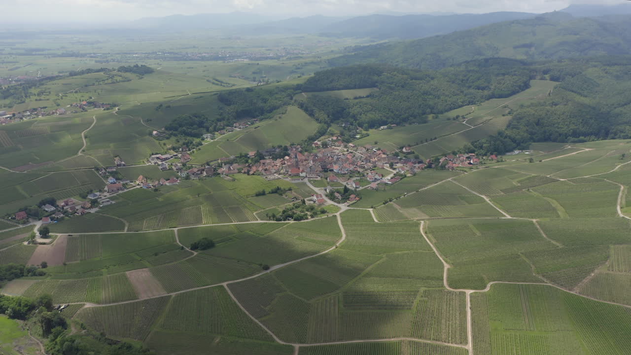 Aerial shoot circulating over vineyards and wine villages in the background in the Alsace region of France