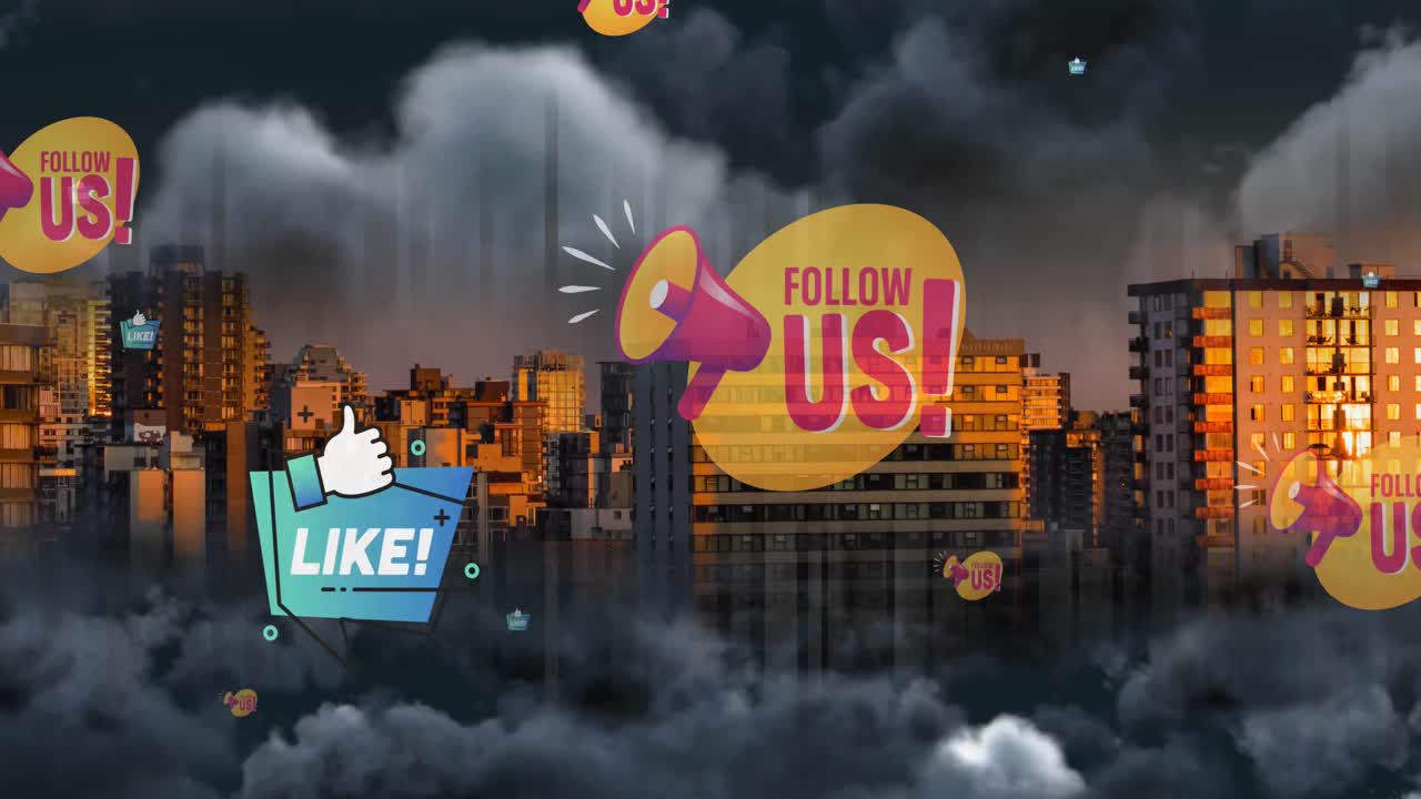 Animation of multiple social media text and icons over cityscape