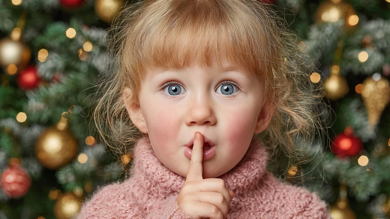 A Delightful Young Child with an Adorable Expression, Whispering a Secret Amidst a Festive Holiday Background of Glittering Ornaments and Twinkling Lights