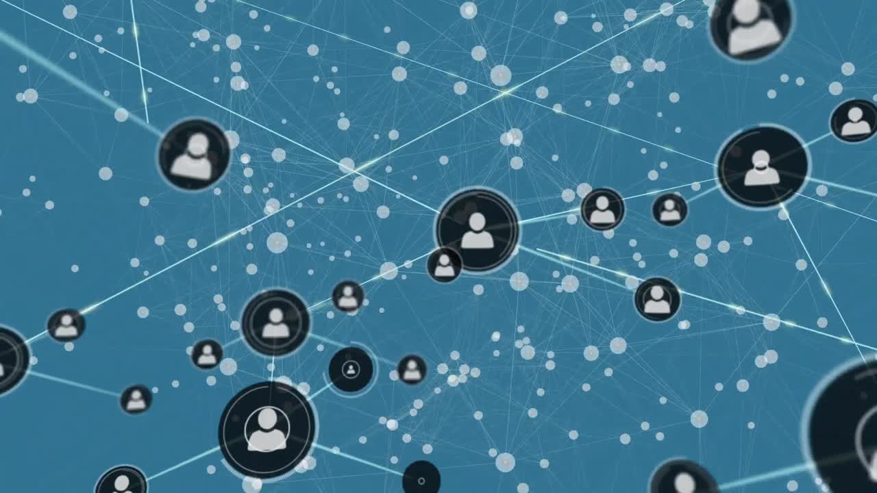 animación de la red de conexiones con iconos sobre fondo azul