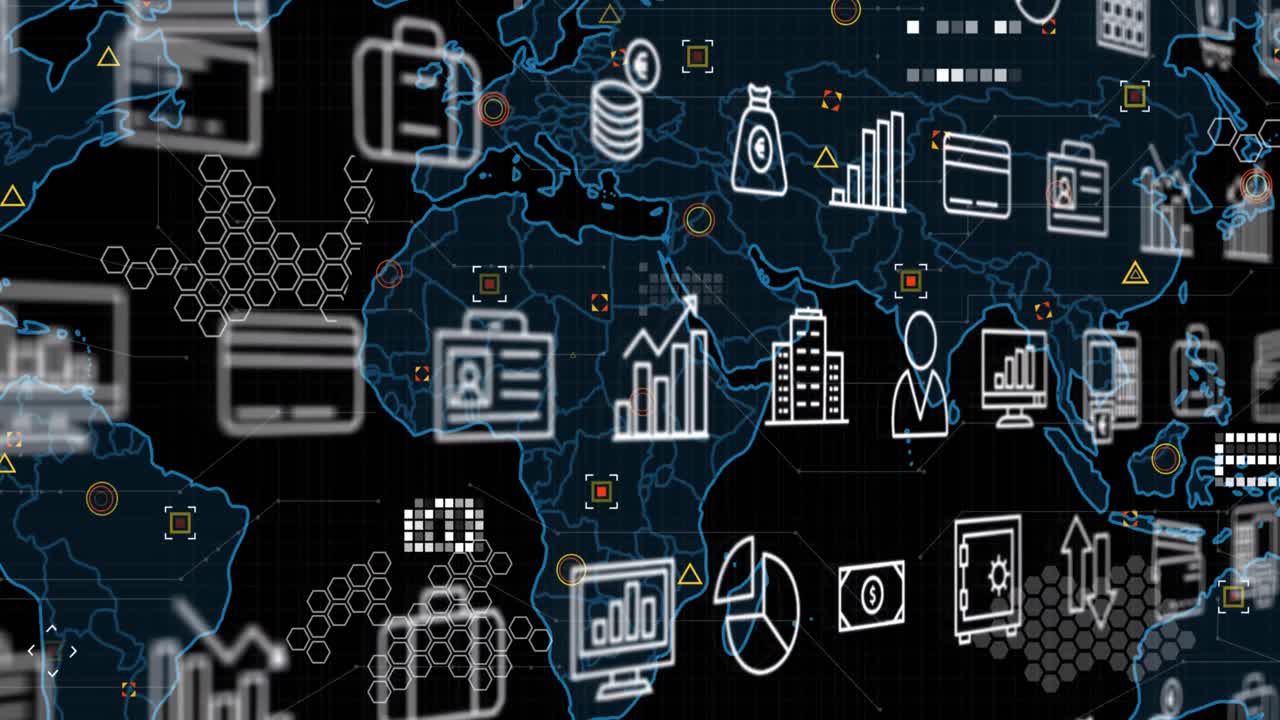 animación de iconos de negocios y mapa del mundo en fondo negro.
