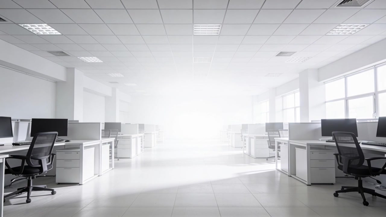 Streaming sunlight via right windows creating haze and washing far wall, revealing desks in office
