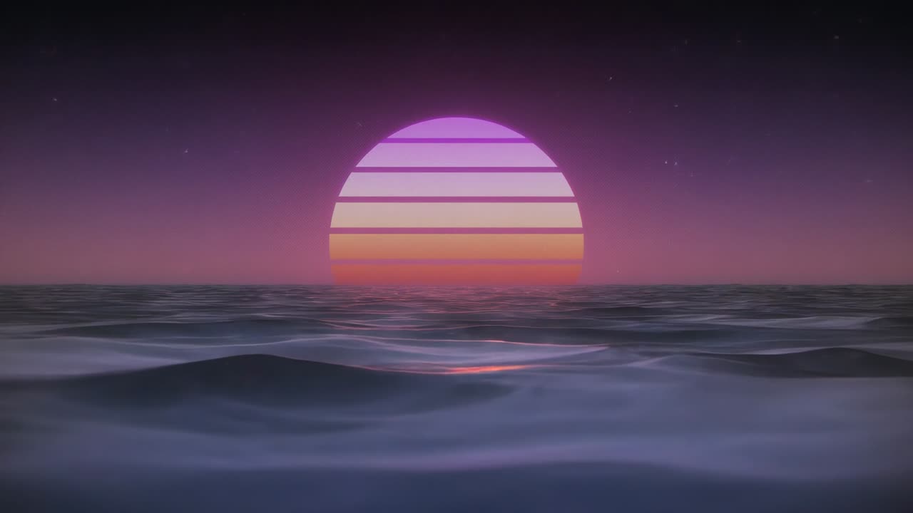 Sequence starting showing sun disc hovering at horizon and waves rippling, stars emerging, looping