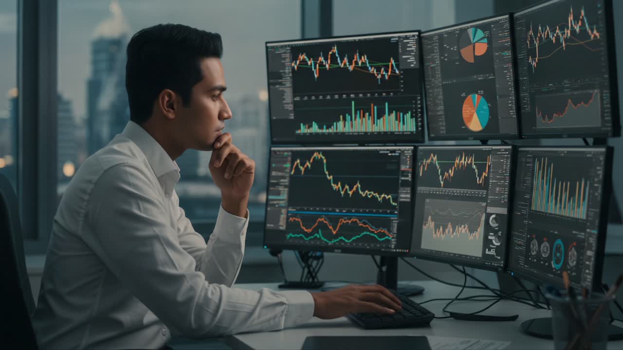 Focused Analyst Analyzing Market Data and Trends through Multiple Monitors in a Modern Office with City View in the Background