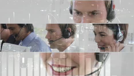 Animation-Von-Statistiken-Und-Datenverarbeitung-über-Geschäftsleute,-Die-Ein-Telefon-Headset-Verwenden