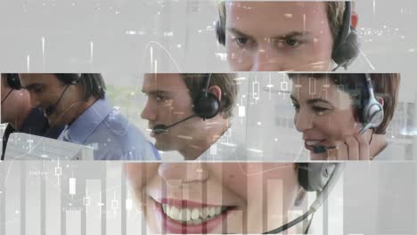animación de estadísticas y procesamiento de datos sobre personas de negocios que usan auriculares telefónicos