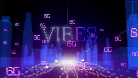 animación de vibraciones texto y 6g sobre la ciudad