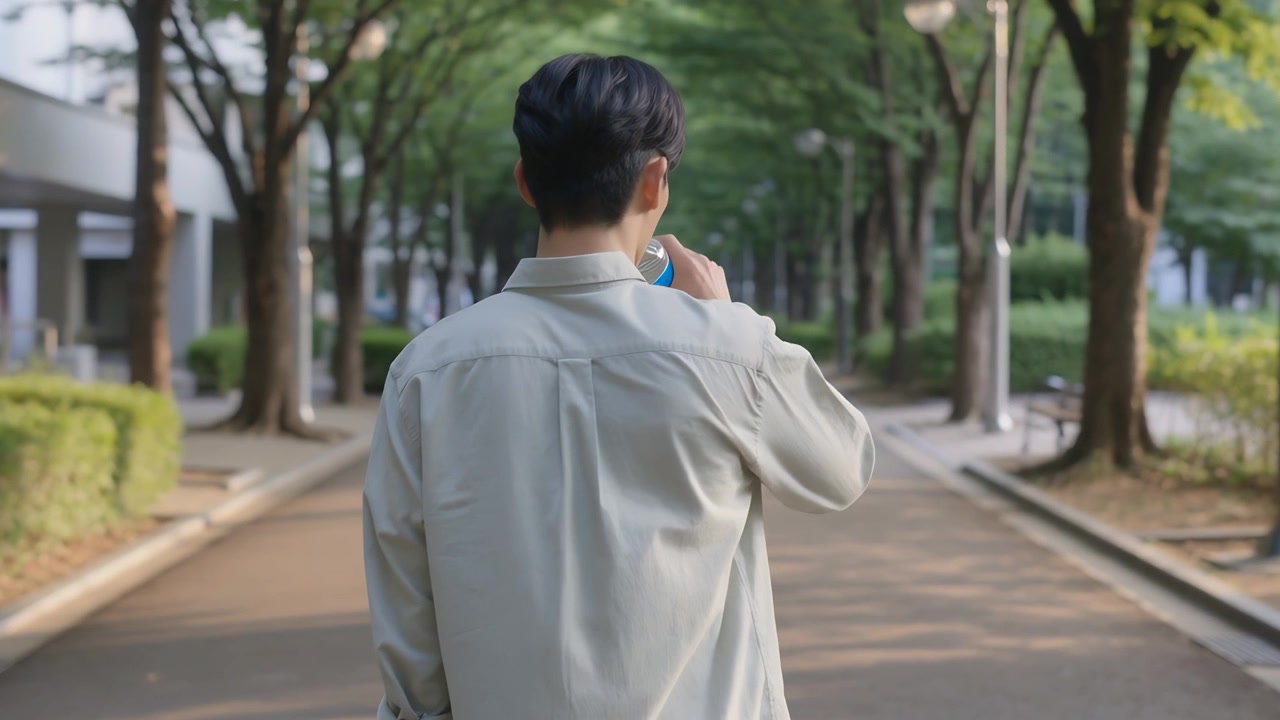 喉の渇きに駆られた男性が、並木道で青いキャップのボトルを手に水を飲んでいる。ベンチも見える。