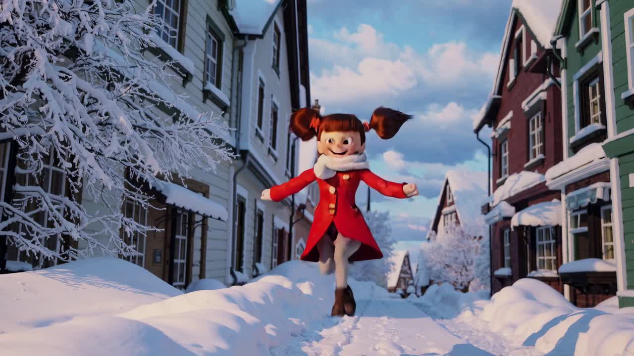 Animated video scene of a joyful girl in a red coat running through a snowy village street