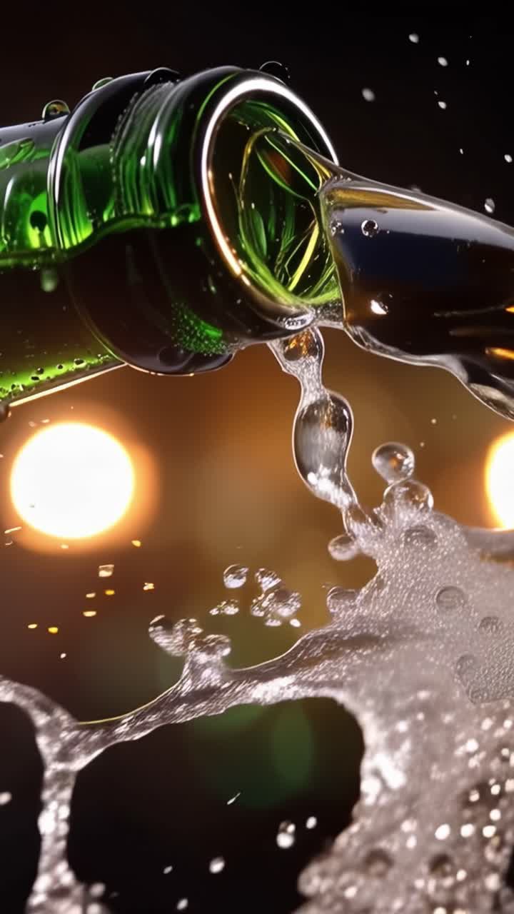 Un Primo Piano Accattivante di Liquido che si Versa da una Bottiglia di Vetro con Bollicine Scintillanti, Evidenziando i Riflessi di Luce sullo Sfondo.